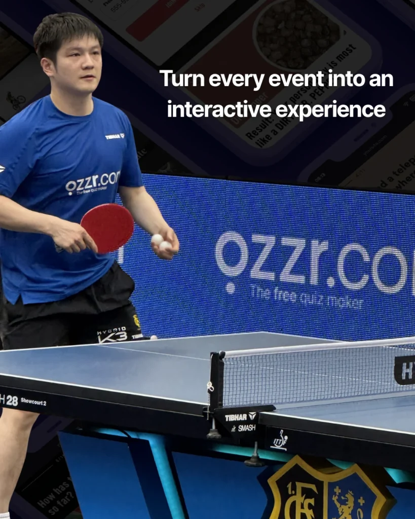 Quizzes for live events. Qzzr logo at Sports events. Fan Zhendong playing table tennis