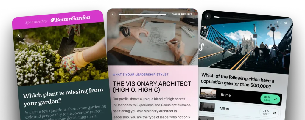 An image of 3 quizzes: one about which plant is missing from your garden, one that shows the reveals your leadership style, and one that asks which city has the highest population