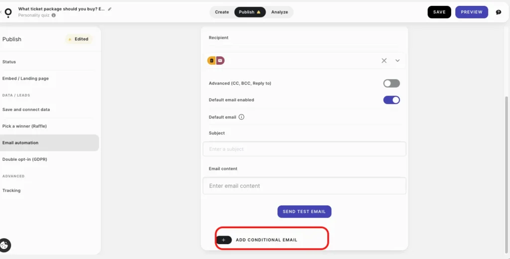 Conditional logic for sending email on Qzzr quiz maker