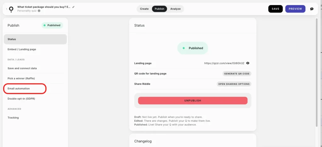 Screenshot showing Email automation button on Qzzr Quiz maker