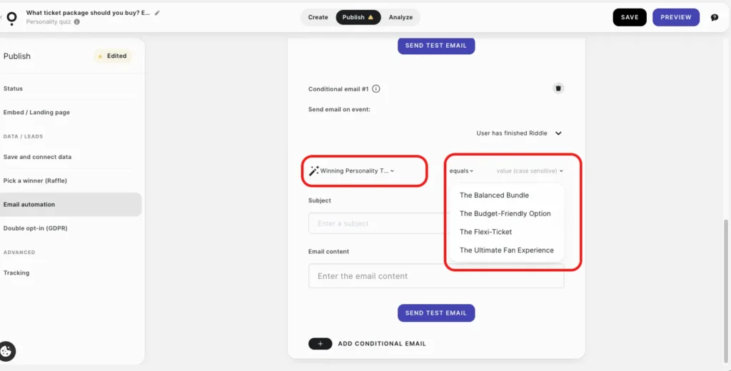 Conditional logic for sending email on Qzzr quiz maker