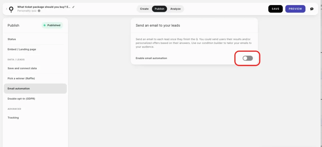 Screenshot of Qzzr Quiz Maker  Quiz Email marketing feature