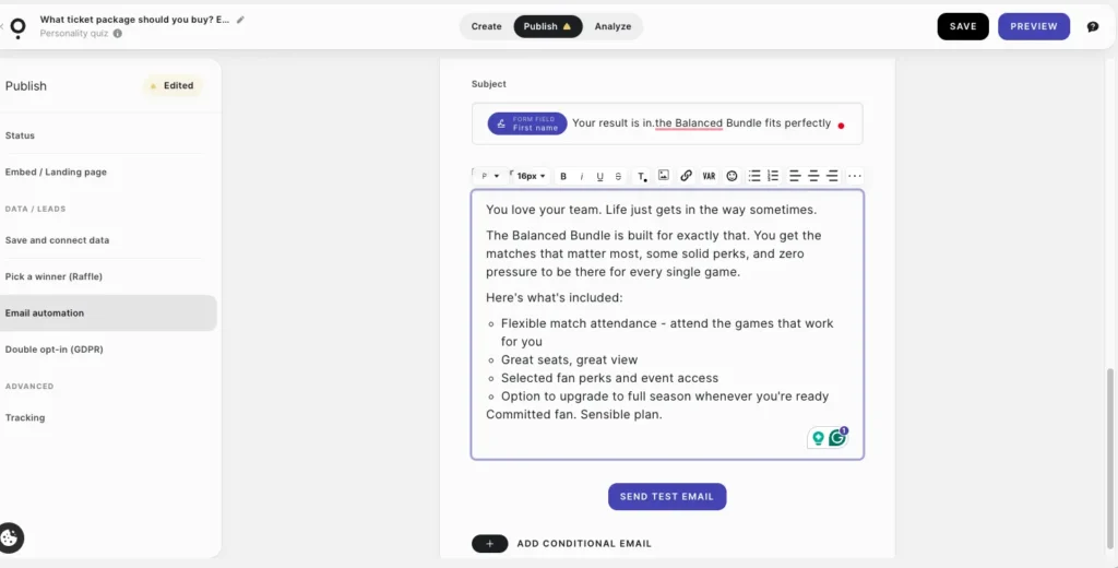 Email writing on the Qzzr Quiz Maker