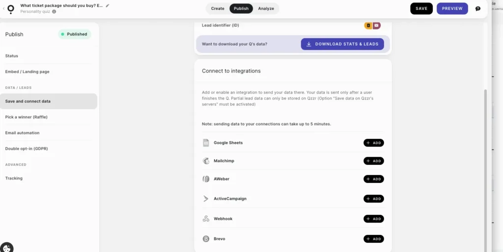 Connect with thirdparty email and CRM tools with Qzzr quiz maker for sending emails