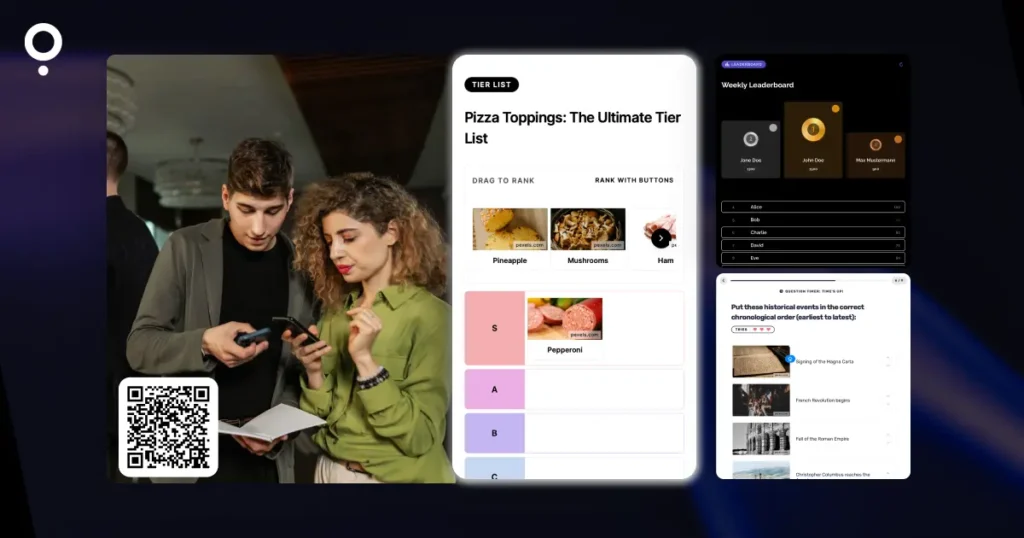 Quiz maker for a one-time event: two guests playing a Qzzr quiz on their phones, next to a QR code, a tier list quiz, a leaderboard and a timed question