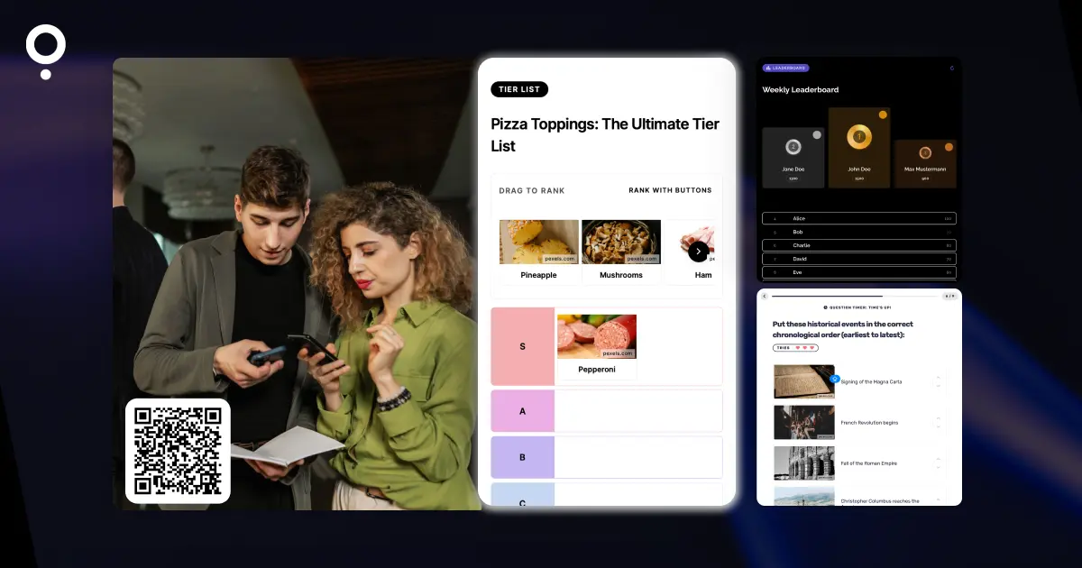 Quiz maker for a one-time event: two guests playing a Qzzr quiz on their phones, next to a QR code, a tier list quiz, a leaderboard and a timed question